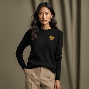 TORY BURCH Cashmere Black Crewneck with Leopard Embellished Heart